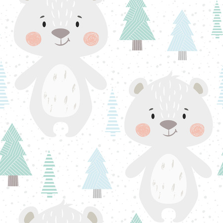 Bear baby winter seamless pattern. Cute animal in snowy forest christmas print.の写真素材