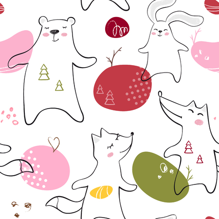 Dancing bear, fox, wolf, bunny baby seamless pattern. Cute animal listens to music with simple abstract design. Cool illustration for nursery, t-shirt, kids apparel, child backgroundのイラスト素材