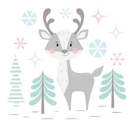 Deer baby winter print. Cute animal in snowy forest christmas card. Cool reindeer illustration for nursery, t-shirt, kids apparel, party and baby shower invitation. Simple scandinavian child design.のイラスト素材