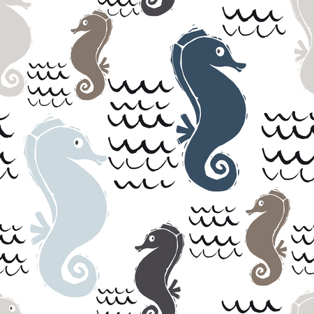 Sea baby cute seamless pattern. Sweet seahorse and wave print. Cool ocean animal illustration for nursery t-shirt, kids apparel, baby background. Simple child marine design. Summer timeのイラスト素材