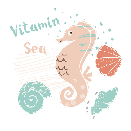 Seahorse baby cute print. Sweet sea animal. Vitamin sea - text slogan. Cool ocean animal illustration for nursery t-shirt, kids apparel, party and baby shower invitation. Simple summer child design.のイラスト素材