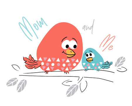 Mom and daughter bird cute print. Family love. Mother and baby together. Cool animal illustration for t-shirt, kids apparel, nursery, child party invitation. Line landscepe. Simple design. Summer timeのイラスト素材