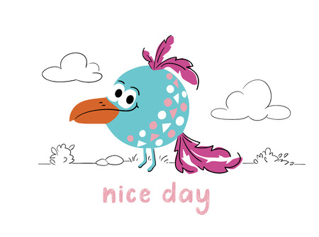 Bird cute print. Nice day slogan. Cool animal illustration for t-shirt, kids apparel, nursery, child party invitation. Simple design. Line landscepe with grass and bush. Summer timeのイラスト素材