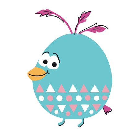 Bird cute print. Cool animal illustration for t-shirt print, kids apparel, nursery, child party invitation. Simple scandinavian design landscepe with grass, flower and cloud. Summer timeのイラスト素材