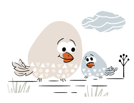 Mom and daughter bird cute print. Family love. Mother and baby together illustration for t-shirt print, kids apparel, nursery, child party invitation. Simple scandinavian design. Summer timeのイラスト素材