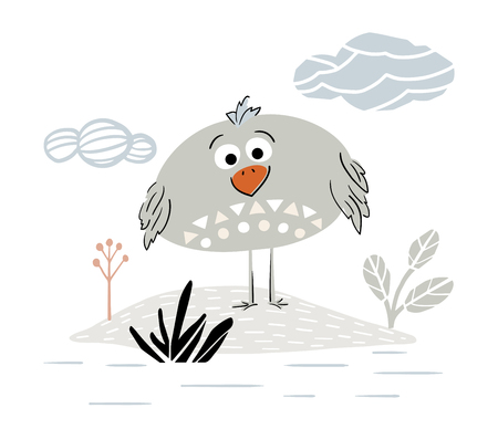 Bird cute print. Cool animal illustration for t-shirt print, kids apparel, nursery, child party invitation. Simple scandinavian design landscape with grass, flower and cloud. Summer timeのイラスト素材