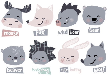 Wolf, moose, bunny, bear, boar, hedgehog, beaver, fox head baby cute print. Sweet animal character face. Cool illustration for nursery poster, t-shirt, kids apparel, baby party invitation. Simple child designのイラスト素材