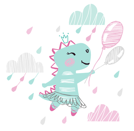 Dinosaur baby girl cute print. Sweet dino flying on balloons among clouds with ballet tutu, pointe, shoes.のイラスト素材
