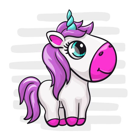 Unicorn baby cute print. Sweet tiny pony. Cool animal on striped background illustration for nursery t-shirt, kids apparel, birthday card, invitation. Good for girly pajamas and playroom decorのイラスト素材