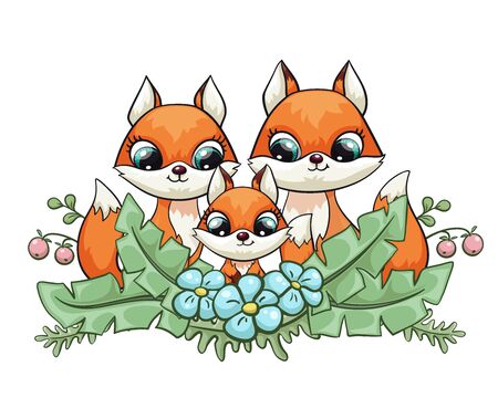 Fox baby with mom and dad cute print. Sweet tiny family. Cool friends animal with forest flowerのイラスト素材