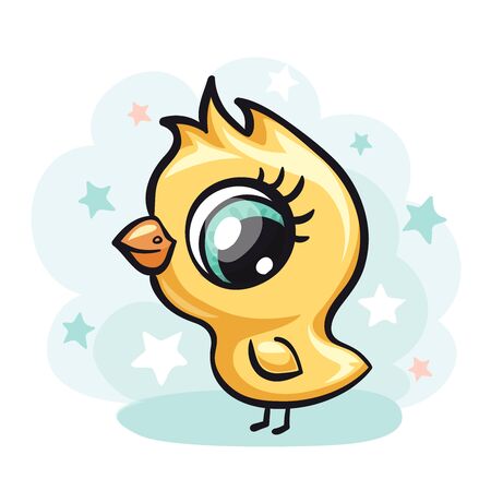 Bird baby cute print. Sweet tiny nestling. Cool chicken with star bsckgroundのイラスト素材