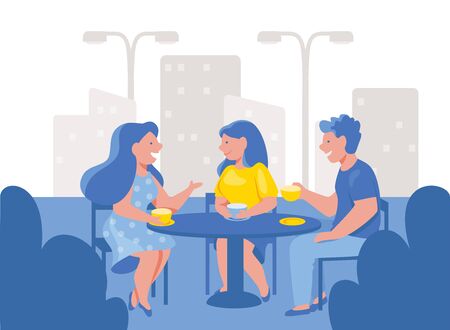 Friends drinking coffee in an outdoor cafe. Group of happy people sitting, talking, hold cups of tea are smiling.のイラスト素材