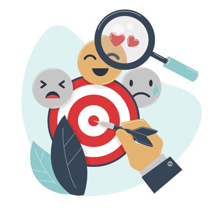 Emotional targeting and branding concept. A hand holds a dart, a magnifier studies emojiのイラスト素材