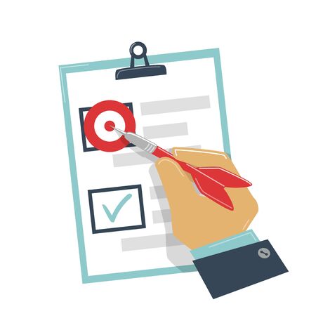Achieving goal concept. Hand hold a dart and hits the target on a check sheet. Checking task successのイラスト素材