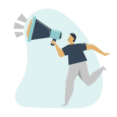 Man sends advertising message by megaphone sends oncept. Messages for the target audience.のイラスト素材