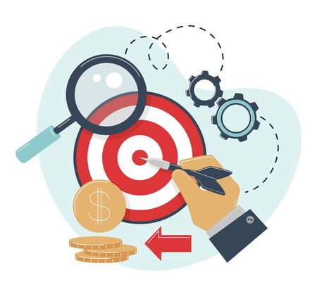 Targeting concept. Hit target. Hand holds dart. Competition winning, setting goal, achievement, victory business.のイラスト素材