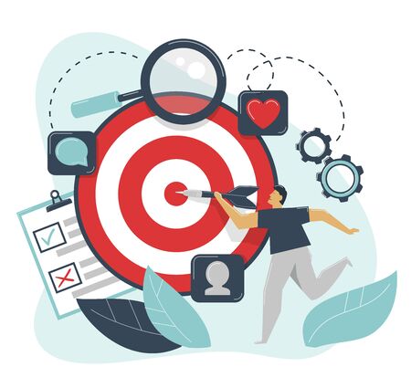 Behavioral targeting concept. Man hit target dart. Audience on customer behavior: likes, comments, reposts, subscription.のイラスト素材