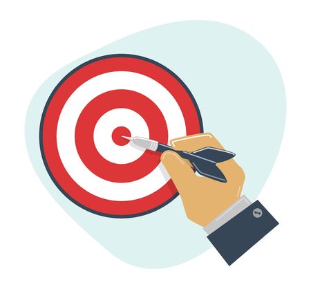 Targeting concept. Hit target. Hand holds dart. Competition winning, setting goal, achievement, victory business.のイラスト素材