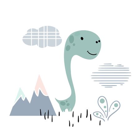 Dinosaur baby cute print. Sweet dino boy with mountain landscape.のイラスト素材