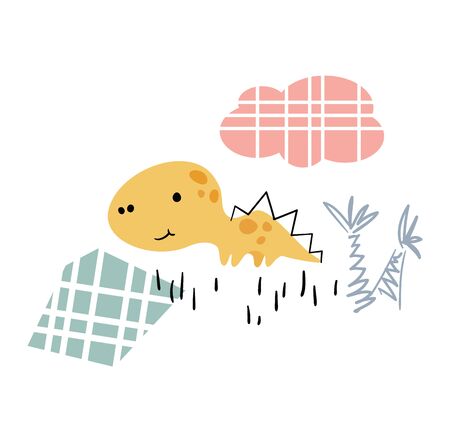 Dinosaur baby cute print. Sweet dino boy with palm tree. Beach landscape.のイラスト素材
