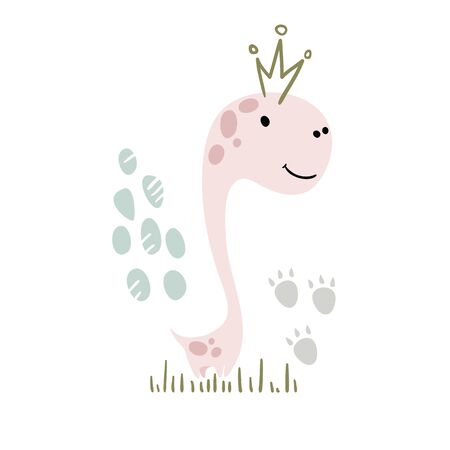 Dinosaur baby girl cute print. Sweet dino princess with crown.のイラスト素材