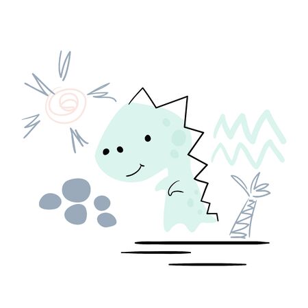 Dinosaur baby cute print. Sweet dino boy with palm tree. Beach landscape.のイラスト素材