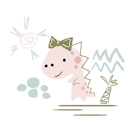 Dinosaur baby girl cute print. Sweet dino with bow.のイラスト素材