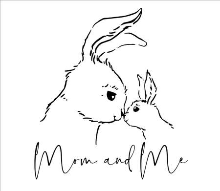 Mom and baby bunny Easter decor. Rabbit mom and me home sign. Cute mother and child animals.のイラスト素材