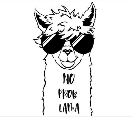 Cute llama face with sunglasses childrens t-shirt print. No probllama funny quote.のイラスト素材