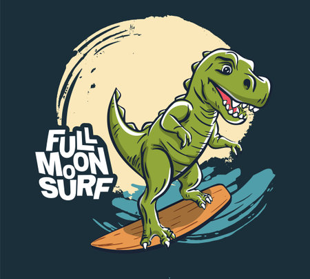 Dinosaur night surfer cool summer t-shirt print. T-rex midnight ride surfboard on big waveのイラスト素材