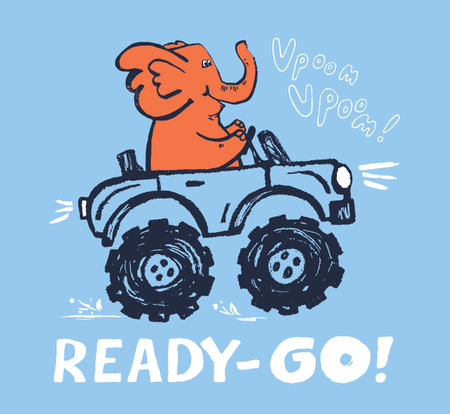 Elephant monster truck funny cool summer t-shirt print design. racing car. Speed sport buggy big foot auto. Slogan. Drive safari animal illustration. Racer kids typography poster. holiday patternのイラスト素材