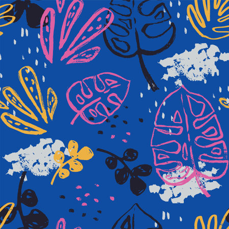 Tropical pant leaf seamless pattern. Hand drawn palm tree summer organic shapes. Beach vacation background design, savannah textile print. Exotic wallpaper, baby apparel safari fabric, monstera motifのイラスト素材