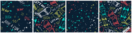 Skateboard seamless pattern. Hand drawn simple abstract shapes, dot, line. Skatepark summer beach vacation background design, skate typography textile print. Sport slogan wallpaper casual repeat motifのイラスト素材
