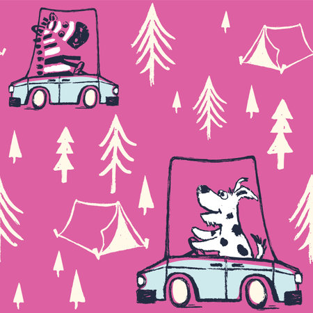 Dog, zebra car camping funny cool summer t-shirt seamless pattern. Road trip vacation print design. forest camp adventure. Kids apparel, nursery wild travel explore wallpaper. cartoon animal motifのイラスト素材