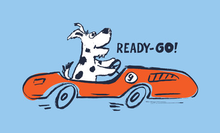 Dog racing car funny cool summer t-shirt print design. Race speed sports cabriolet auto. Slogan. drive animal illustration. Racer puppy kids typography nursery poster. Adorable holiday patternのイラスト素材
