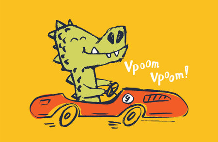 Crocodile racing car funny cool summer t-shirt print design. Race speed sports cabriolet auto. Slogan. Drive safari animal illustration. Racer kids typography nursery poster. Adorable holiday patternのイラスト素材