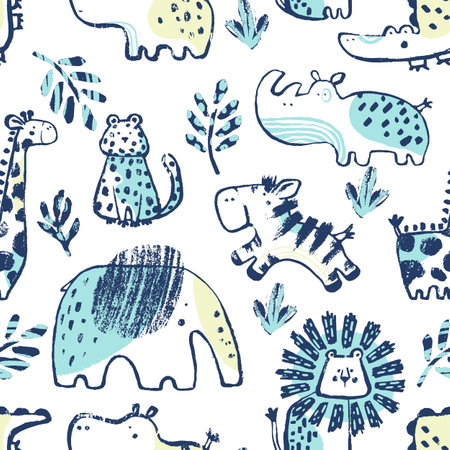 Summer animals tropical seamless pattern. Hand drawn african. Beach vacation background design, savannah textile print. Zebra, elephant, lion, crocodile. Exotic wallpaper, baby apparel safari motifのイラスト素材