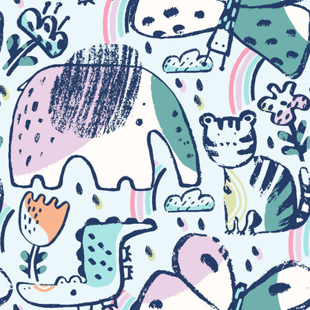Summer animals tropical seamless pattern. Hand drawn african print. Beach vacation background design, savannah textile print Elephant, crocodile, butterfly, tiger Exotic wallpaper, baby apparel safariのイラスト素材
