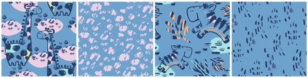 Summer tropical animals seamless pattern. Hand drawn abstract organic shape print. Beach vacation design, savannah textile. Giraffe, zebra exotic wallpaper. Baby apparel jungle safari t-shirtのイラスト素材