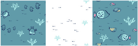 Summer sea seamless pattern. Hand drawn tropical ocean print. Beach vacation background textile design. marine animals. Turtle, seahorse, crab exotic wallpaper, baby apparel nautical travel repeat swimsuit motifのイラスト素材