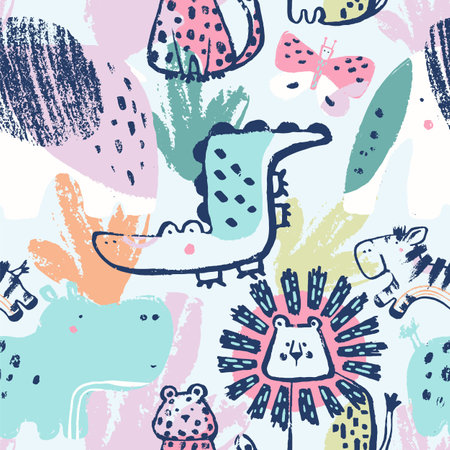 Summer animals tropical seamless pattern. Hand drawn african print. Beach vacation background jungle design. Elephant, lion, cheetah, crocodile, zebra, butterflyexotic wallpaper, baby safari apparelのイラスト素材