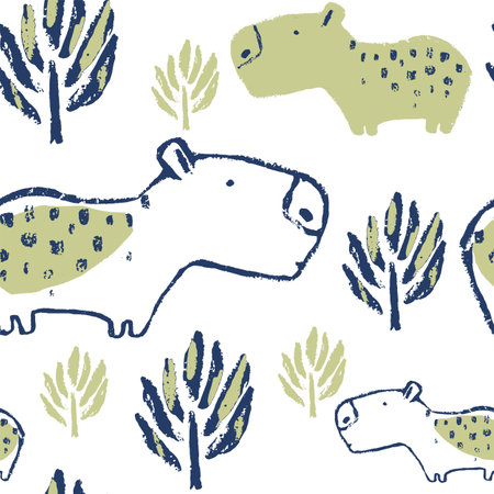 Summer capybara trendy tropical seamless pattern. Hand drawn african print. Beach vacation background design, savannah textile print. Animals exotic wallpaper, baby apparel jungle safari repeat motifのイラスト素材