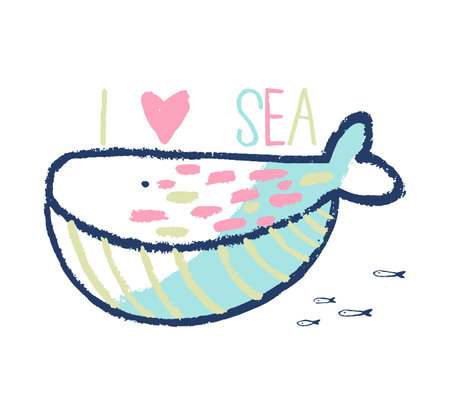 Summer sea whale t-shirt print. Hand drawn tropical ocean design. Beach vacation kids vector with slogan.のイラスト素材