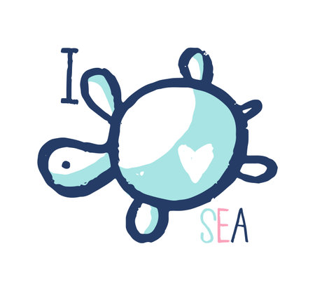 Summer sea turtle t-shirt print. Hand drawn tropical ocean design. Beach vacation kids vector with slogan.のイラスト素材