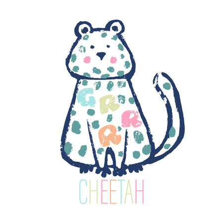 Summer cheetah tropical t-shirt print. Beach vacation kids design, savannah nursery poster. Animals exotic, baby apparel jungle safari vector. Hand drawn african with slogan. Roar. travel stickerのイラスト素材