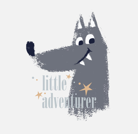 Wolf cute and funny dude t-shirt print. Forest friends kids design, wild animal nursery posteのイラスト素材