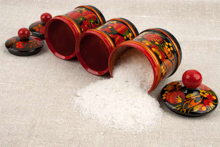 Three spice jars from spilling table salt. Khokhloma.の写真素材