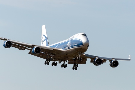 VNUKOVO, RUSSIA - SEPTEMBER 21: Aircraft operated by AirBridgeCargo, landing in Moscow airport in Vnukovo on September 21, 2012. The company AirBridgeCargo in its fleet has 10 aircraft Boeing-747のeditorial素材