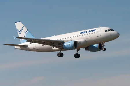 VNUKOVO, RUSSIA - SEPTEMBER 21: Aircraft operated by Aigle Azur, landing in Moscow airport in Vnukovo on September 21, 2012. The company Aigle Azur in its fleet has 4 aircraft Airbus A319のeditorial素材