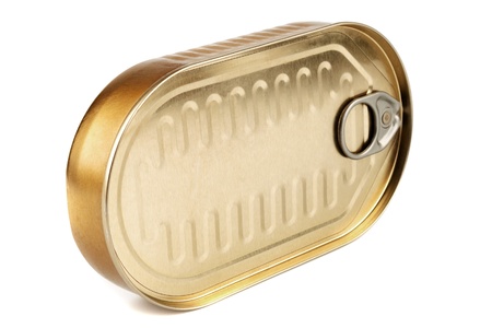 Closed gold metal tin isolated on white backgroundの写真素材